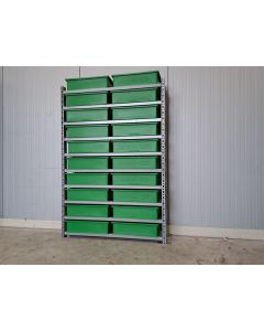 Fachbodenregal Kistenregal, II. Wahl (Neuware) | SSI Schäfer R 3000 | Gesamtbreite: 1.056 mm | Gesamttiefe: 300 mm | Gesamthöhe: 1.540 mm | Stapelkisten SSI Schäfer Serie 14/6-2 H, II. Wahl (Neuware) | grün