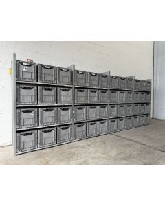 Kistenregal Fachbodenregal Kommissionierregal, gebraucht | Dexion HI280 | Klappkiste 48 Stck. | Gesamthöhe: 2.000 mm | Gesamttiefe: 610 mm | Regallänge: 5,27 lfm.
