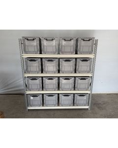 Kistenregal Magazinregal, gebraucht | Stow Midirack | Klappkiste grau | Gesamthöhe: 2.000 mm | Gesamttiefe: 600 mm | Regallänge: 1.910 mm