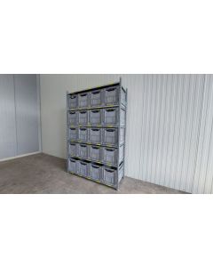 Kistenregal Fachbodenregal, gebraucht | SSI Sch&auml;fer R 3000 | Gesamth&ouml;he: 2.490 mm | Gesamttiefe: 600 mm | 6 Ebenen | 20 Klappboxen | Regall&auml;nge: 1,66 lfm.