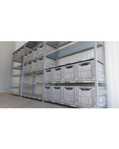 Kistenregal Fachbodenregal, gebraucht | SSI Sch&auml;fer R 3000 | Gesamth&ouml;he: 2.490 mm | Gesamttiefe: 600 mm | 6 Ebenen | 20 Klappboxen | Regall&auml;nge: 4,92 lfm.