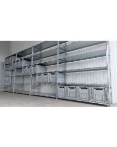 Kistenregal Fachbodenregal, gebraucht | SSI Sch&auml;fer R 3000 | Gesamth&ouml;he: 2.490 mm | Gesamttiefe: 600 mm | 6 Ebenen |16 Klappboxen | Regall&auml;nge: 6,56 lfm.