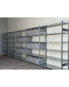 Kistenregal Fachbodenregal, gebraucht | SSI Sch&auml;fer R 3000 | Gesamth&ouml;he: 2.490 mm | Gesamttiefe: 600 mm | 6 Ebenen | 20 Klappboxen | Regall&auml;nge: 8,19 lfm.