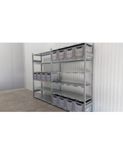 Kistenregal Fachbodenregal, gebraucht | SSI Sch&auml;fer R 3000 | Gesamth&ouml;he: 2.490 mm | Gesamttiefe: 600 mm | 6 Ebenen | 12 Klappboxen | Regall&auml;nge: 3,29 lfm.