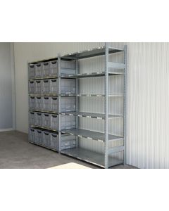 Kistenregal Fachbodenregal, gebraucht | SSI Sch&auml;fer R 3000 | Gesamth&ouml;he: 2.490 mm | Gesamttiefe: 600 mm | 6 Ebenen | 20 Klappboxen | Regall&auml;nge: 3,29 lfm.