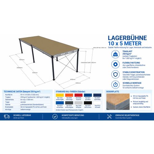 Lagerb&uuml;hne neu 10,00 x 5,00 m, Tragkraft 250 kg / m&sup2;
