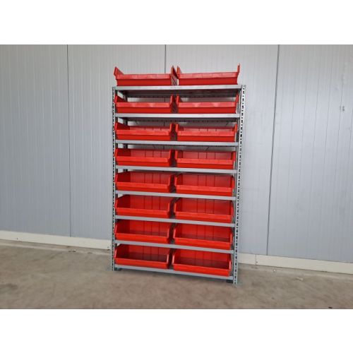 Fachbodenregal Kistenregal, II. Wahl (Neuware) | SSI Schäfer R 3000 | Gesamtbreite: 1.056 mm | Gesamttiefe: 300 mm | Gesamthöhe: 1.540 mm | Sichtlagerkasten SSI Schäfer LF 351 ZW, II. Wahl (Neuware) | rot