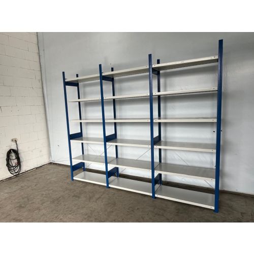 Fachbodenregal Magazinregal, gebraucht | META CLIP | Gesamthöhe: 2.490 mm | Gesamttiefe: 435 mm | Schottstege | Regallänge: 3,20 lfm.