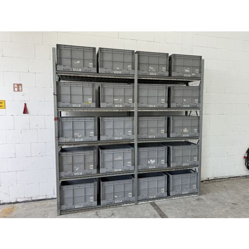 Kistenregal Fachbodenregal Kommissionierregal, gebraucht | Dexion HI280 | Klappkiste 20 Stck. | Gesamthöhe: 2.600 mm | Gesamttiefe: 500 mm | Regallänge: 2,65 lfm.