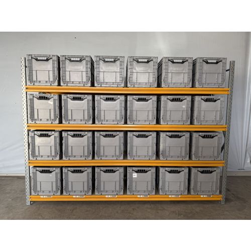 Kistenregal Magazinregal, gebraucht | Stow Midirack | Klappkiste grau | Gesamthöhe: 2.000 mm | Gesamttiefe: 600 mm | Regallänge: 2.810 mm