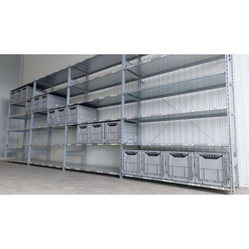 Kistenregal Fachbodenregal, gebraucht  | SSI Schäfer R 3000 | Gesamthöhe: 2.490 mm | Gesamttiefe: 600 mm | 6 Ebenen |16 Klappboxen | Regallänge: 6,56 lfm.