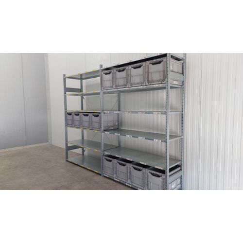 Kistenregal Fachbodenregal, gebraucht  | SSI Schäfer R 3000 | Gesamthöhe: 2.490 mm | Gesamttiefe: 600 mm | 6 Ebenen | 12 Klappboxen | Regallänge: 3,29 lfm.