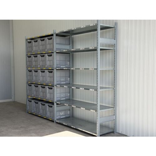 Kistenregal Fachbodenregal, gebraucht  | SSI Schäfer R 3000 | Gesamthöhe: 2.490 mm | Gesamttiefe: 600 mm | 6 Ebenen | 20 Klappboxen | Regallänge: 3,29 lfm.
