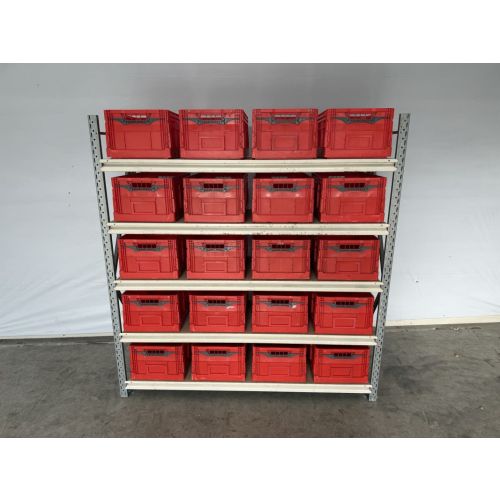 Kistenregal Magazinregal, gebraucht | Stow Midirack | Klappkiste rot | Gesamthöhe: 2.000 mm | Gesamttiefe: 600 mm | Regallänge: 1.91 mm