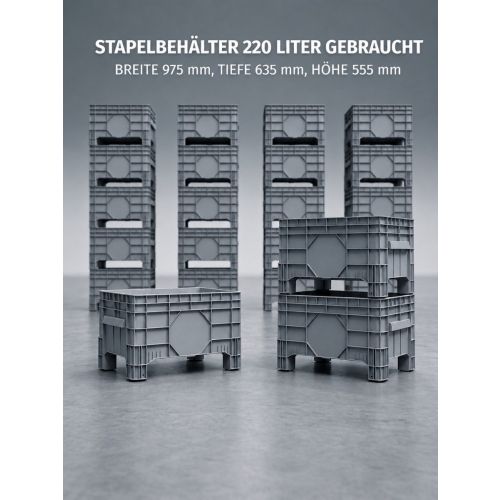 Stapelbehälter Großvolumenbehälter Mehrzweckbehälter, gebraucht | Abm.: 975 x 635 x 555 mm (BxTxH) | Volumen: 220 Liter | Materialfarbe: grau