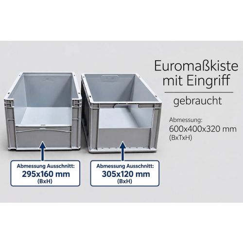 Stapelkiste Eurobeh&auml;lter Stapelbeh&auml;lter, gebraucht / 600 x 400 x 320 mm / grau / Stirnwand: halbseitig offen