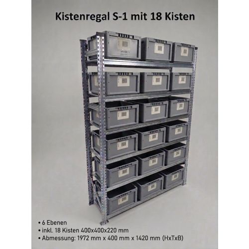 S-1 Kistenregal 1972x400x1420 mm inkl. 18 Kisten 400x400x220 mm | Lagerregal Werkstatt Regal