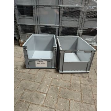 Stapelkiste Eurobehälter Stapelbehälter, gebraucht / 600 x 400 x 320 mm / grau / Stirnwand: halbseitig offen