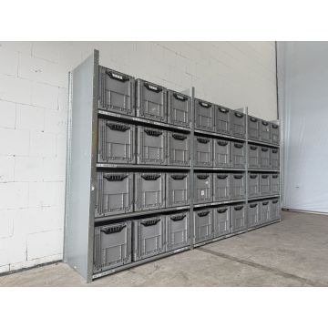 Kistenregal Fachbodenregal Kommissionierregal, gebraucht | Dexion HI280 | Klappkiste 36 Stck. | Gesamthöhe: 2.000 mm | Gesamttiefe: 610 mm | Regallänge: 3,96 lfm.