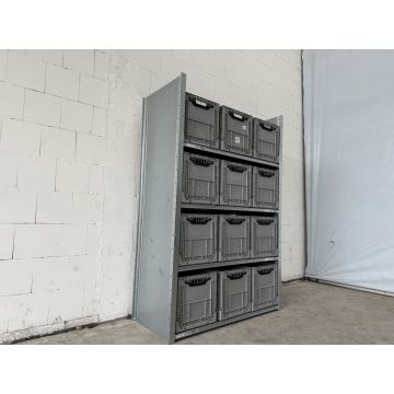 Kistenregal Fachbodenregal Kommissionierregal, gebraucht | Dexion HI280 | Klappkiste 12 Stck. | Gesamthöhe: 2.000 mm | Gesamttiefe: 610 mm | Regallänge: 1,34 lfm.