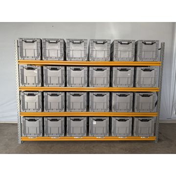 Kistenregal Magazinregal, gebraucht | Stow Midirack | Klappkiste grau | Gesamthöhe: 2.000 mm | Gesamttiefe: 600 mm | Regallänge: 2.810 mm