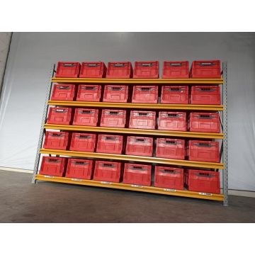 Kistenregal Magazinregal, gebraucht | Stow Midirack | Klappkiste rot | Gesamthöhe: 2.000 mm | Gesamttiefe: 600 mm | Regallänge: 2.810 mm