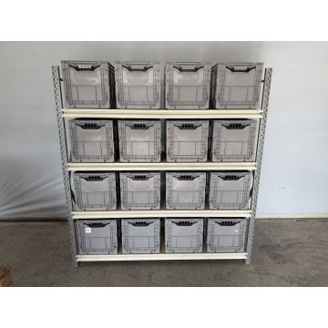 Kistenregal Magazinregal, gebraucht | Stow Midirack | Klappkiste grau | Gesamthöhe: 2.000 mm | Gesamttiefe: 600 mm | Regallänge: 1.910 mm