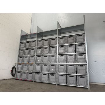 Kistenregal Fachbodenregal Magazinregal, gebraucht | Dexion HI280 | Klappkiste 45 Stck. | Gesamthöhe: 3.200 mm | Gesamttiefe: 610 mm | Regallänge: 3,89 lfm.