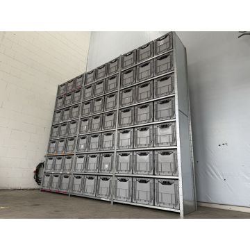  Kistenregal Fachbodenregal Magazinregal, gebraucht | Dexion HI280 | Klappkiste 63 Stck. | Gesamthöhe: 3.200 mm | Gesamttiefe: 610 mm | Regallänge: 3,89 lfm.