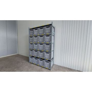 Kistenregal Fachbodenregal, gebraucht  | SSI Schäfer R 3000 | Gesamthöhe: 2.490 mm | Gesamttiefe: 600 mm | 6 Ebenen | 20 Klappboxen | Regallänge: 1,66 lfm.