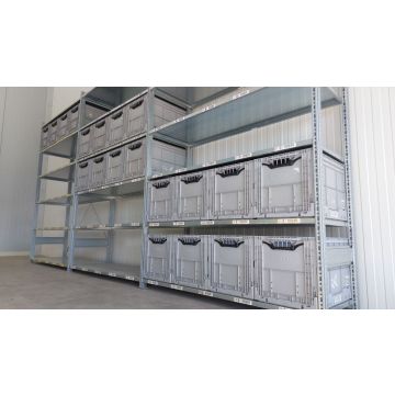 Kistenregal Fachbodenregal, gebraucht  | SSI Schäfer R 3000 | Gesamthöhe: 2.490 mm | Gesamttiefe: 600 mm | 6 Ebenen | 20 Klappboxen | Regallänge: 4,92 lfm.