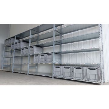 Kistenregal Fachbodenregal, gebraucht  | SSI Schäfer R 3000 | Gesamthöhe: 2.490 mm | Gesamttiefe: 600 mm | 6 Ebenen |16 Klappboxen | Regallänge: 6,56 lfm.