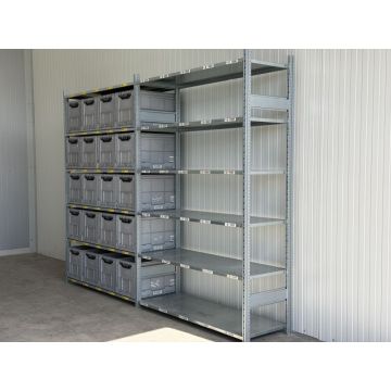 Kistenregal Fachbodenregal, gebraucht  | SSI Schäfer R 3000 | Gesamthöhe: 2.490 mm | Gesamttiefe: 600 mm | 6 Ebenen | 20 Klappboxen | Regallänge: 3,29 lfm.