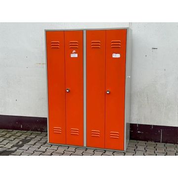Spind Stahlspind Schrank Umkleidespind, gebraucht | Abm.: 1.200 x 500 x 1.740 mm (BxTxH) | 4 Türen | orange Türen